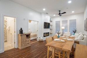 Living room, fireplace, tv, table, coffee station