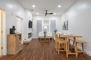 Living room, fireplace, tv, table, coffee station