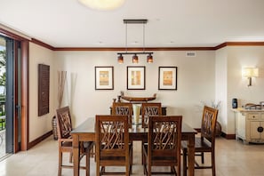 The dining room is tastefully decorated warm tones.
