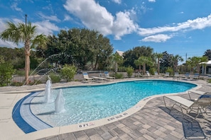 Pool has fountains for the kids to play