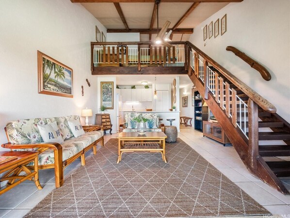 Living room looking up to loft