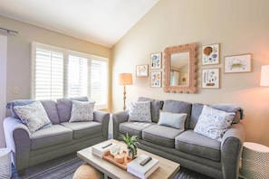 Creek Watch is a two story townhome with the living room, kitchen & dining area on the top floor.