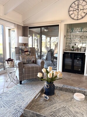 LR view w/ new Bev/Wine Bar looking through to porch and back yard. 