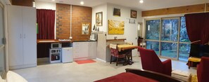 This is the view from your bed to the kitchen and dining.