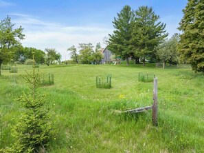 Large private back yard, enjoy playing tag, throwing ball, or forced family fun.