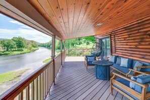 Covered Deck | Riverfront Location | Scenic Mountain Views | 3-Story Home