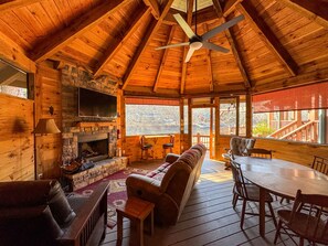 Outdoor, Fully Screened Gazebo w/ Smart TV, Fireplace & Dining Table 