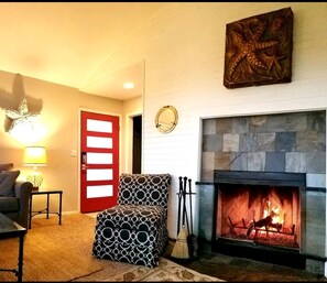Cozy woodburning fireplace