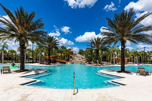 Resort facilities of Solterra, large pool, slide, lazy river, hot tub, tennis,