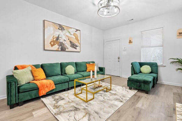 The Softest couch in Savannah with ample seating.