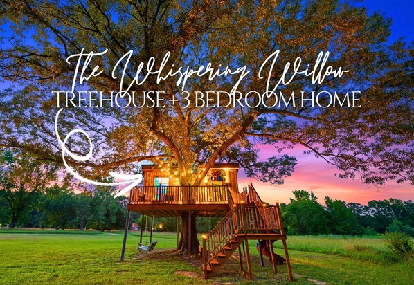 Experience the magic of the treehouse at night, illuminated by charming string lights that create a warm and enchanting atmosphere.