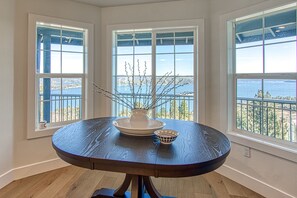 Dining table in kitchen, accommodate six