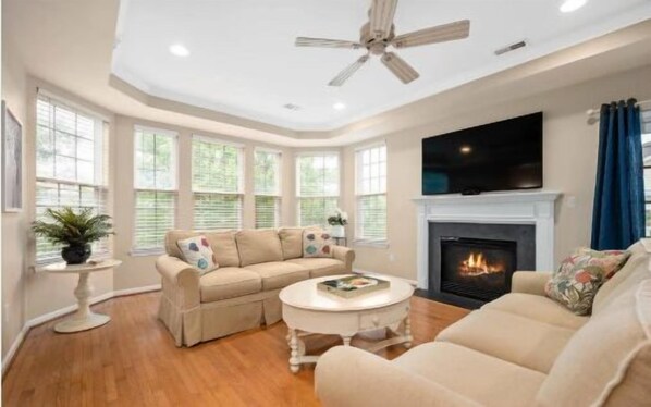 Light streams into the large Family Room from the wall of windows