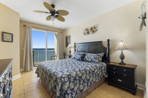 The gulf front master bedroom features a King size bed, flat screen television, and ensuite bathroom.