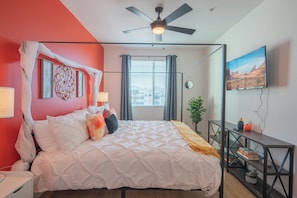 Sink into relaxation in this warm and serene bedroom. 🛏️✨