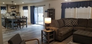 Open-concept kitchen and family room.  