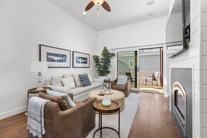 Open living room with high ceilings