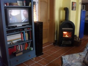 Wohnbereich mit Fernseher und Kamin