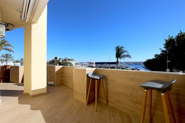 Spacious south facing balcony with stunning sea views