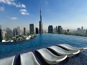 Our pool oasis offers unobstructed views of Burj Khalifa