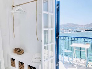 The open closet by the private balcony of Casa Steno in Naoussa. 