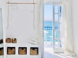 The open closet by the private balcony of Casa Steno in Naoussa. 