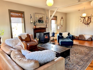 Comfortable living room with wood pellet stove and smart TV