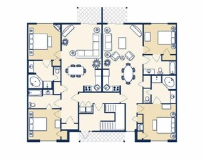 Floor plan for a four bedroom villa. Each side has it's own entrance, porch/balcony, and sleeps up to six guests.