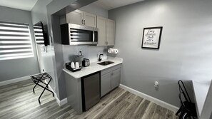 Kitchenette is equipped with mini fridge, microwave, toaster, coffee machine
