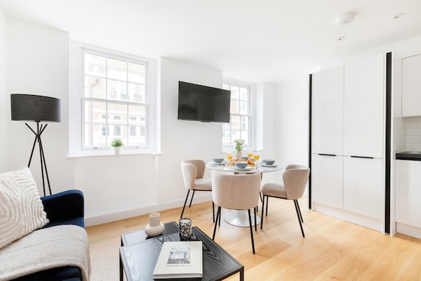 The open-plan living, kitchen and dining area