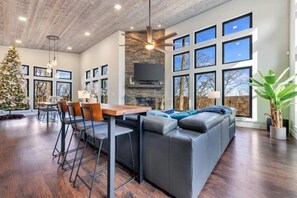 Living room featuring shiplap ceiling and floor-to-ceiling fireplace!