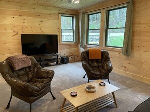 Cozy room: sleek TV, plush seating, queen sleeper. Relax after your adventures