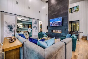 LIVING ROOM | Comfiest couch, SMART TV, Fireplace, and a Bunk Nook for the kids