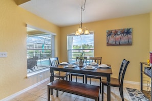 Dining area with pool views