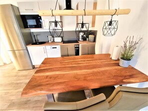 Dining area with real wood table