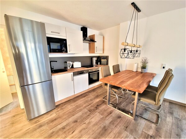 modern kitchen and dining area