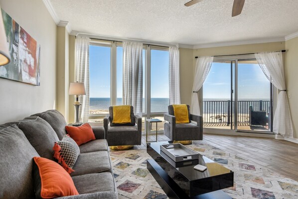 Living room with beach views. Big screen smart tv.