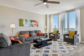 Living room with beach views. Big screen smart tv.