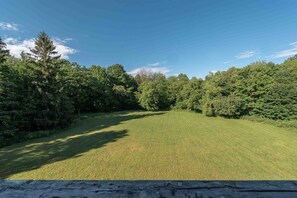 Huge soccer field like backyard surrounded by forest