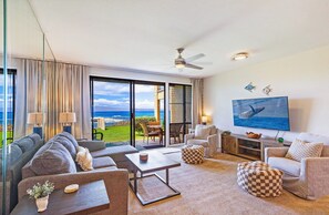 Ocean view great room with memory foam queen sleeper sofa.