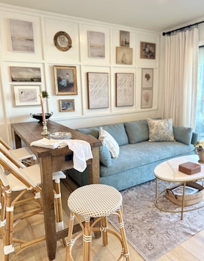 Coastal Chic…New West Elm Queen Sleeper Sofa and Framed Bespoke Gallery Wall