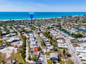 Home location in red, beach in blue, 3 miles away
