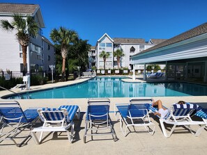 One of the community pools with hot tub and sauna.