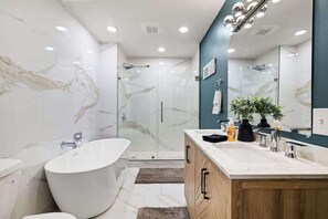 Spa-like bathroom with a deep soaking tub.