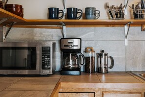 coffee bar w/ RutaMaya coffee beans, coffee grinder, coffee maker & french press