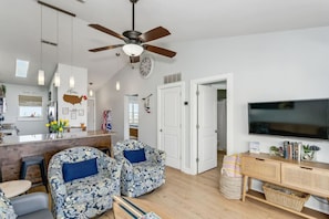 Spacious living room, a perfect set up to relax after a fun day in the beach!