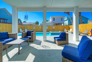 Covered poolside patio with plenty of seating.