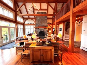 Family Room from Dining and Kitchen. Huge stone wood burning firepalce