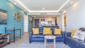 Blue and white define this condo