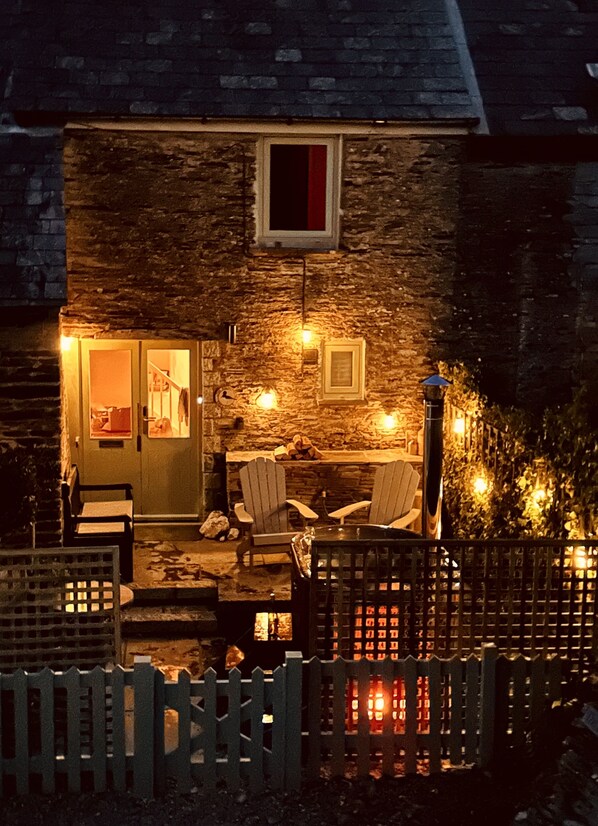 Exterior at night.
